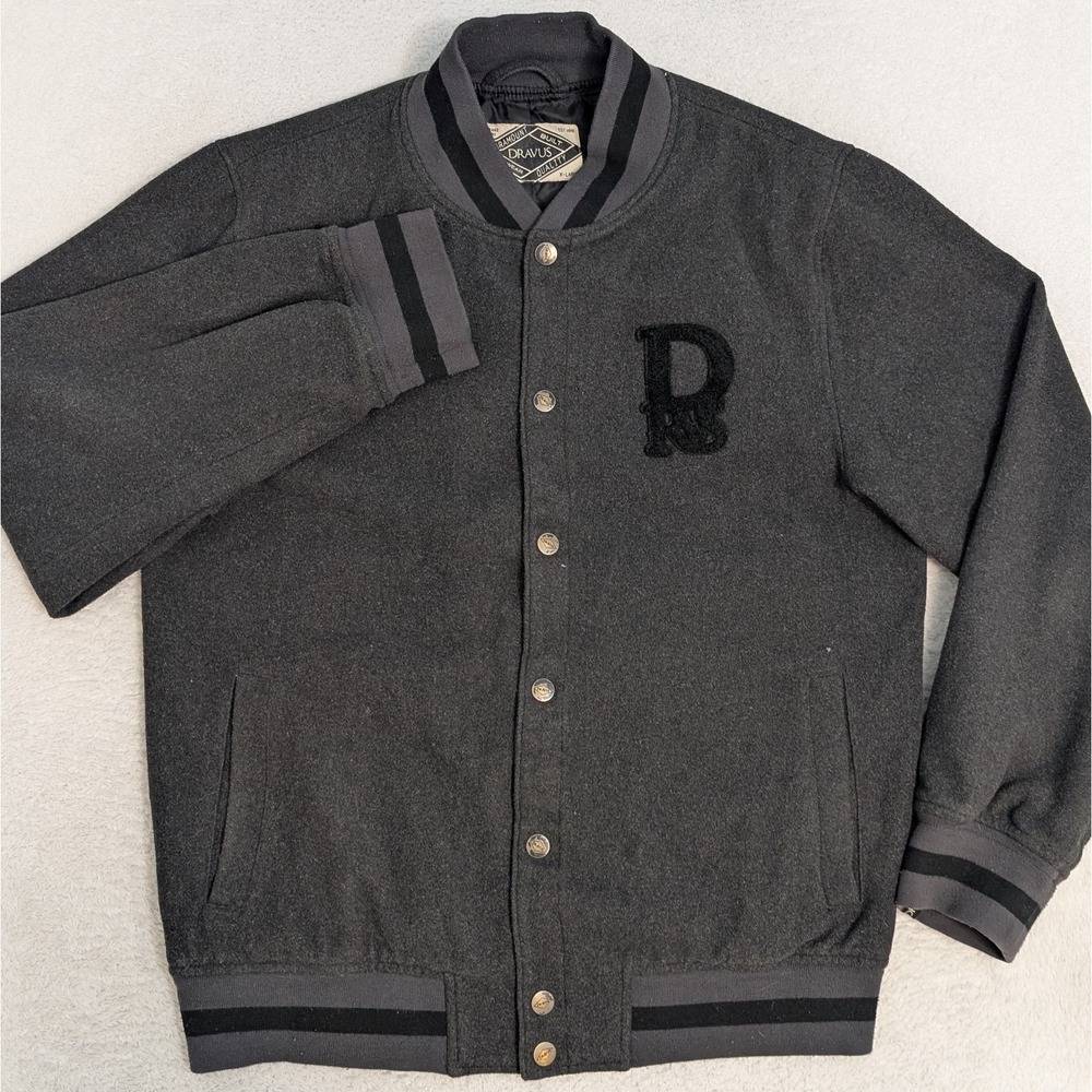 Dravus Varsity Letterman Jacket‎ Mens XL Black Gray Snap Button Up Wool Nylon